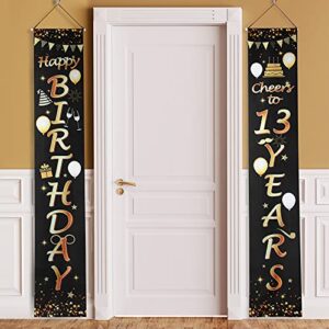 2 pieces happy 13th birthday door banner backdrop decoration cheers to 13th birthday black & gold hanging porch sign happy birthday home door banner 13th birthday party supplies, 71 x 12 inch
