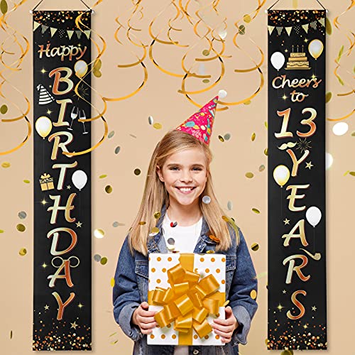 2 Pieces Happy 13th Birthday Door Banner Backdrop Decoration Cheers to 13th Birthday Black & Gold Hanging Porch Sign Happy Birthday Home Door Banner 13th Birthday Party Supplies, 71 x 12 Inch