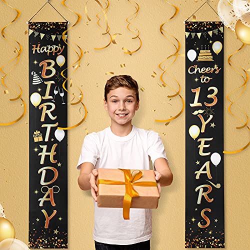 2 Pieces Happy 13th Birthday Door Banner Backdrop Decoration Cheers to 13th Birthday Black & Gold Hanging Porch Sign Happy Birthday Home Door Banner 13th Birthday Party Supplies, 71 x 12 Inch