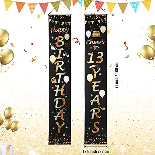 2 Pieces Happy 13th Birthday Door Banner Backdrop Decoration Cheers to 13th Birthday Black & Gold Hanging Porch Sign Happy Birthday Home Door Banner 13th Birthday Party Supplies, 71 x 12 Inch