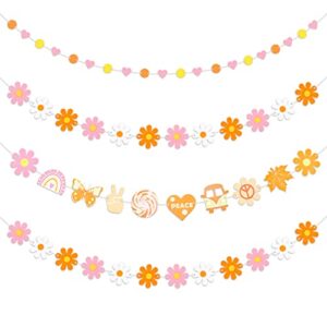 qpout 4pcs felt groovy party decorations set include groovy hippie boho banner groovy boho daisy garland round and heart garland for wall window home daisy party decorations retro classroom decor