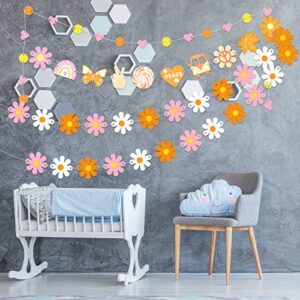 Qpout 4pcs Felt Groovy Party Decorations Set Include Groovy Hippie Boho Banner Groovy Boho Daisy Garland Round And Heart Garland for Wall Window Home Daisy Party Decorations Retro Classroom Decor