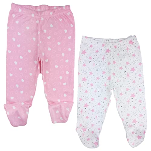 123 Bear 100% Cotton Baby Pants with Footies 100% Cotton Unisex Boys Girls (Newborn, 2-Pack Pink2)