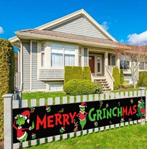 huras large merry grinchmas sign banner grinch theme christmas banner christmas party supplies decorations black xmas holiday new year party supplies christmas yard sign banner – 9.8 x 1.6 ft