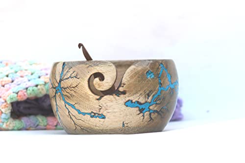 Wooden Yarn Bowl - Knitting Yarn Bowls with Holes Crochet Bowl Holder Handmade Yarn Storage Bowl - Lichtenberg Figure Yarn Bowl (Blue)