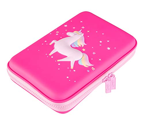 Gooji Unicorn Pencil Case for Girls (Hard Top) Magical 3D Creature, Bright Colored Storage Box | Compact and Portable Home, Classroom, School, Art Use | for kids age 3 and up (Pink)