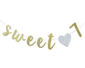 sweet 7 banner gold glitter with heart for 7th birthday party decorations supplies pre-strung cursive bunting photo booth props sign