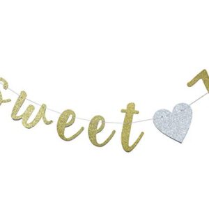 Sweet 7 Banner Gold Glitter with Heart for 7th Birthday Party Decorations Supplies Pre-Strung Cursive Bunting Photo Booth Props Sign