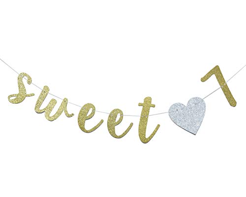 Sweet 7 Banner Gold Glitter with Heart for 7th Birthday Party Decorations Supplies Pre-Strung Cursive Bunting Photo Booth Props Sign