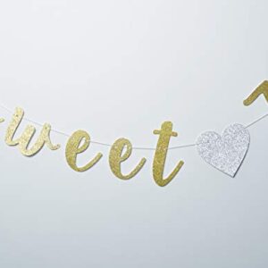 Sweet 7 Banner Gold Glitter with Heart for 7th Birthday Party Decorations Supplies Pre-Strung Cursive Bunting Photo Booth Props Sign