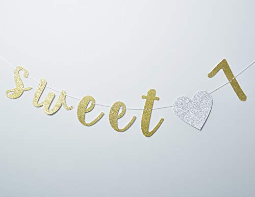 Sweet 7 Banner Gold Glitter with Heart for 7th Birthday Party Decorations Supplies Pre-Strung Cursive Bunting Photo Booth Props Sign