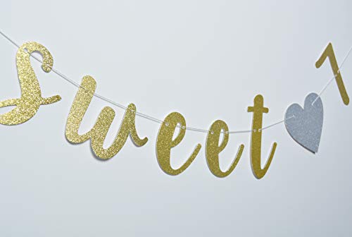 Sweet 7 Banner Gold Glitter with Heart for 7th Birthday Party Decorations Supplies Pre-Strung Cursive Bunting Photo Booth Props Sign