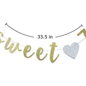 Sweet 7 Banner Gold Glitter with Heart for 7th Birthday Party Decorations Supplies Pre-Strung Cursive Bunting Photo Booth Props Sign