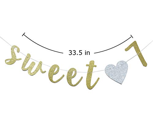 Sweet 7 Banner Gold Glitter with Heart for 7th Birthday Party Decorations Supplies Pre-Strung Cursive Bunting Photo Booth Props Sign