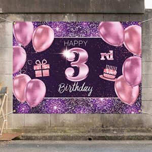 PAKBOOM Happy 3rd Birthday Banner Backdrop - 3 Birthday Party Decoration Supplies for Girl - Pink Purple Gold 4 x 6ft