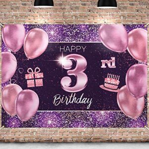 pakboom happy 3rd birthday banner backdrop – 3 birthday party decoration supplies for girl – pink purple gold 4 x 6ft