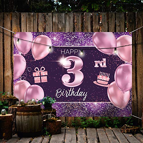 PAKBOOM Happy 3rd Birthday Banner Backdrop - 3 Birthday Party Decoration Supplies for Girl - Pink Purple Gold 4 x 6ft