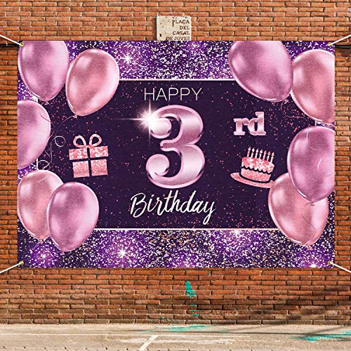 PAKBOOM Happy 3rd Birthday Banner Backdrop - 3 Birthday Party Decoration Supplies for Girl - Pink Purple Gold 4 x 6ft
