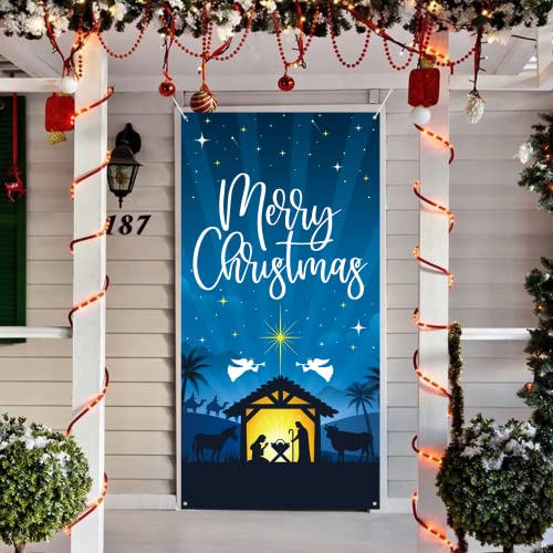 DAZONGE Nativity Scene Outdoor Christmas Decorations, Merry Christmas Door Cover, Holy Night Christmas Decor - Religious Manger Scene Christmas Banner / Backdrop for Front Door Photo Booth Props