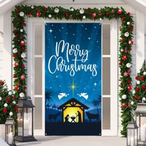 DAZONGE Nativity Scene Outdoor Christmas Decorations, Merry Christmas Door Cover, Holy Night Christmas Decor - Religious Manger Scene Christmas Banner / Backdrop for Front Door Photo Booth Props