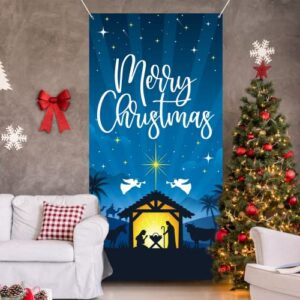 DAZONGE Nativity Scene Outdoor Christmas Decorations, Merry Christmas Door Cover, Holy Night Christmas Decor - Religious Manger Scene Christmas Banner / Backdrop for Front Door Photo Booth Props