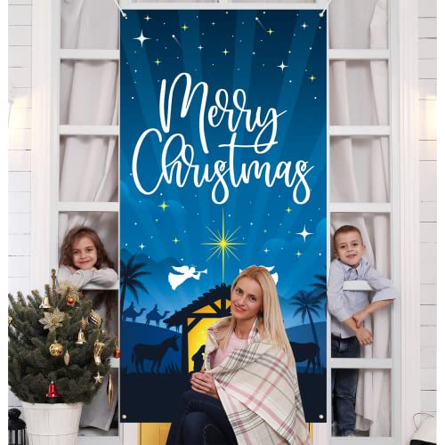 DAZONGE Nativity Scene Outdoor Christmas Decorations, Merry Christmas Door Cover, Holy Night Christmas Decor - Religious Manger Scene Christmas Banner / Backdrop for Front Door Photo Booth Props