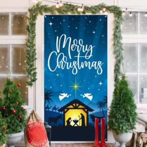 DAZONGE Nativity Scene Outdoor Christmas Decorations, Merry Christmas Door Cover, Holy Night Christmas Decor - Religious Manger Scene Christmas Banner / Backdrop for Front Door Photo Booth Props