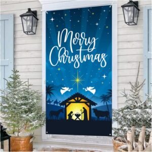 DAZONGE Nativity Scene Outdoor Christmas Decorations, Merry Christmas Door Cover, Holy Night Christmas Decor - Religious Manger Scene Christmas Banner / Backdrop for Front Door Photo Booth Props