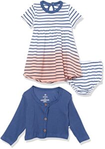 honestbaby girls 2-piece organic cotton dress and cardigan set, dip dye pink and navy, newborn