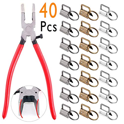 Qovydx 40Pcs Key Fob Hardware 39Pcs 1 inch Keyfob Hardware Kit Key Fob Clamp with 1PCS Key Fob Pliers Key Fob Tool for Faux Leather Wristlet Keychain Crafts Key Chain