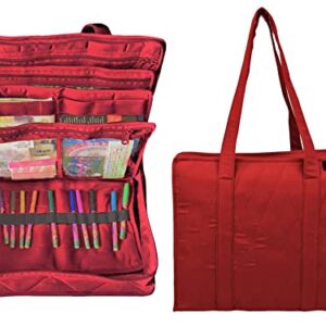 Yazzii Crafter's Companion Organizer Bag with 16 Pockets - Arts & Crafts Storage Tote Organizer - Multipurpose Storage Organizer for Crafts, Sewing & Quilting Notions, & Art Supplies Red