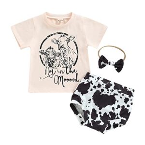 thefound summer toddler girls clothes short sleeve bull print tops elastic waist short headband casual cute outfits (beige, 12-18 months)