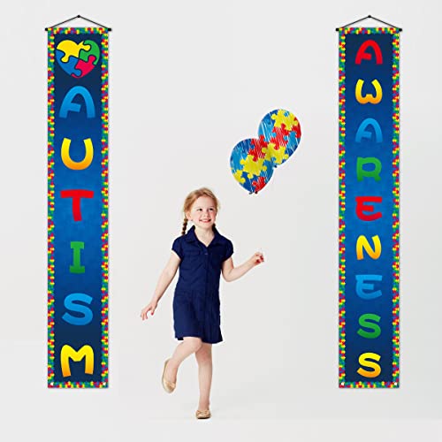 Autism Awareness Porch Banner Puzzle Piece Heart Support April Party Front Door Sign Wall Hanging Banner Decoration