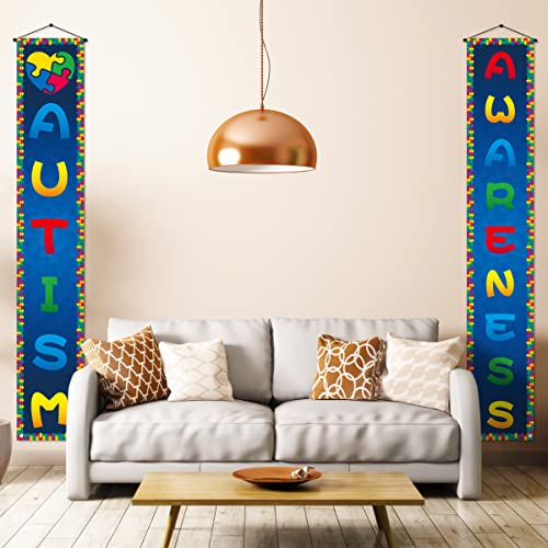 Autism Awareness Porch Banner Puzzle Piece Heart Support April Party Front Door Sign Wall Hanging Banner Decoration