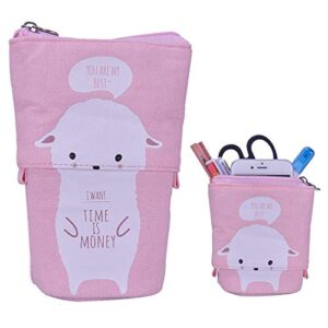 stand up pencil holder telescopic pencil case transformer pen box cartoon cute stationery pouch bag canvas+pu cosmetics pouch stand store pen organizer for students boys and girls (white sheep)