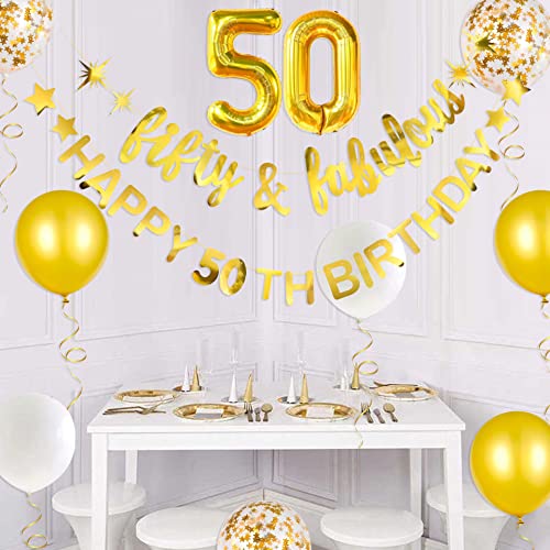 Gold Fifty & Fabulous Happy 50th Birthday Banner Garland Foil Balloon 50 for Womens 50th Birthday Decorations Hanging 50 and Fabulous Cheers to 50 Years Old Birthday Party Supplies Backdrop
