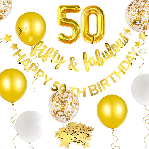 Gold Fifty & Fabulous Happy 50th Birthday Banner Garland Foil Balloon 50 for Womens 50th Birthday Decorations Hanging 50 and Fabulous Cheers to 50 Years Old Birthday Party Supplies Backdrop