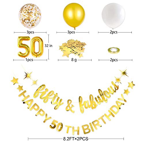 Gold Fifty & Fabulous Happy 50th Birthday Banner Garland Foil Balloon 50 for Womens 50th Birthday Decorations Hanging 50 and Fabulous Cheers to 50 Years Old Birthday Party Supplies Backdrop