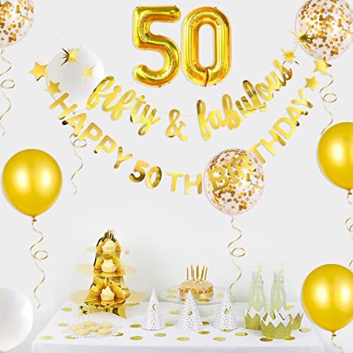 Gold Fifty & Fabulous Happy 50th Birthday Banner Garland Foil Balloon 50 for Womens 50th Birthday Decorations Hanging 50 and Fabulous Cheers to 50 Years Old Birthday Party Supplies Backdrop