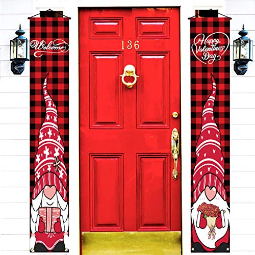 Gnome Valentine's Day Decoration Banner Happy Valentine's Day Porch Sign Buffalo Check Plaid Decor Outdoor Indoor Front Porch Door Backdrop Welcome Sign