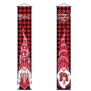 Gnome Valentine's Day Decoration Banner Happy Valentine's Day Porch Sign Buffalo Check Plaid Decor Outdoor Indoor Front Porch Door Backdrop Welcome Sign