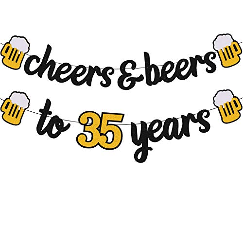 Cheers 35 Years Banner 35th Birthday Decorations for Men Women Him Her 35s Happy Birthday Theme Wedding Anniversary Party Supplies Black Sparkle Decorations Pre-strung