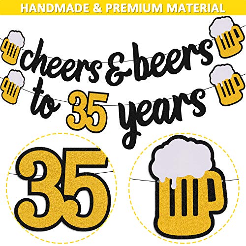 Cheers 35 Years Banner 35th Birthday Decorations for Men Women Him Her 35s Happy Birthday Theme Wedding Anniversary Party Supplies Black Sparkle Decorations Pre-strung