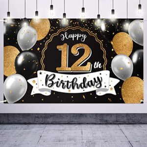 nelbiirth happy 12th birthday black & gold large photo banner – cheers to twelve years old birthday home wall photoprop backdrop, 12th birthday party decoration.