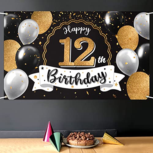 Nelbiirth Happy 12th Birthday Black & Gold Large Photo Banner - Cheers to Twelve Years Old Birthday Home Wall Photoprop Backdrop, 12th Birthday Party Decoration.