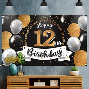 Nelbiirth Happy 12th Birthday Black & Gold Large Photo Banner - Cheers to Twelve Years Old Birthday Home Wall Photoprop Backdrop, 12th Birthday Party Decoration.