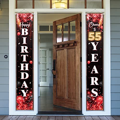 Happy 55th Birthday Porch Sign Door Banner Decor Red and Black – Glitter Cheers to 55 Years Old Birthday Party Theme Decorations for Men Women Supplies