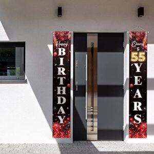 Happy 55th Birthday Porch Sign Door Banner Decor Red and Black – Glitter Cheers to 55 Years Old Birthday Party Theme Decorations for Men Women Supplies