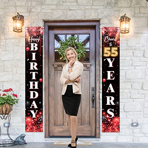 Happy 55th Birthday Porch Sign Door Banner Decor Red and Black – Glitter Cheers to 55 Years Old Birthday Party Theme Decorations for Men Women Supplies