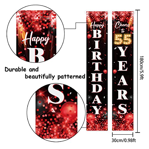 Happy 55th Birthday Porch Sign Door Banner Decor Red and Black – Glitter Cheers to 55 Years Old Birthday Party Theme Decorations for Men Women Supplies